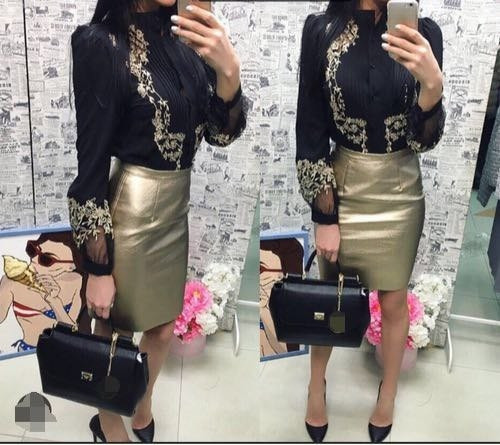 Cămașă elegantă de damă neagră cu broderie și mâneci transparente