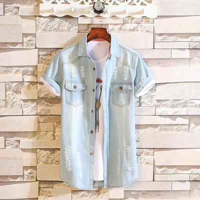 Cămașă modernă pentru bărbați din denim cu mâneci scurte în diferite modele