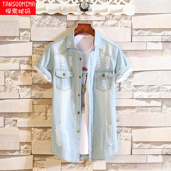 Cămașă modernă pentru bărbați din denim cu mâneci scurte în diferite modele