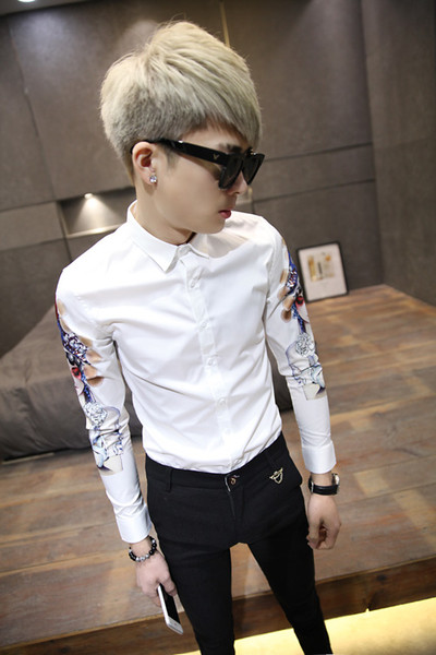 Cămașă modernă subțire pentru bărbați, cu aplicație pe mâneci