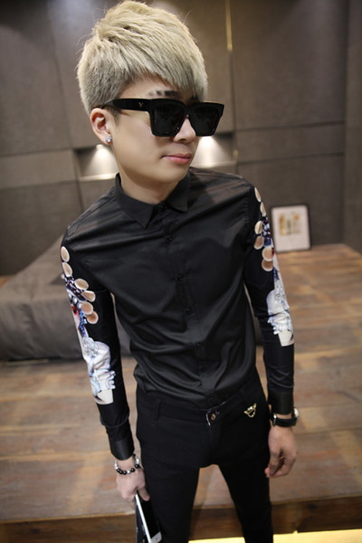 Cămașă modernă subțire pentru bărbați, cu aplicație pe mâneci