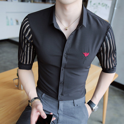 Cămașă elegantă pentru bărbați cu mâneci din plasă 3/4 și aplicație