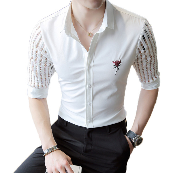 Cămașă elegantă pentru bărbați cu mâneci din plasă 3/4 și aplicație