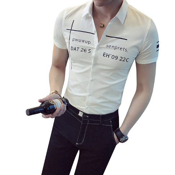 Cămașă modernă subțire pentru bărbați, cu mâneci scurte și inscripții în trei culori