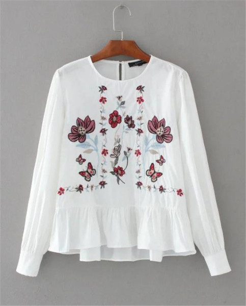 Cămașă de damă cu mâneci lungi și broderie cu flori - în două culori