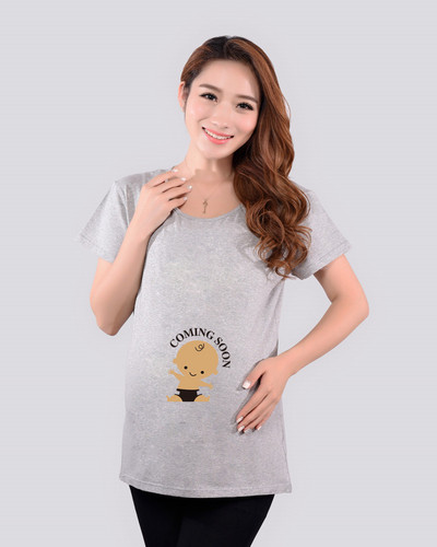 Tricou din bumbac cu maneci scurte si aplicatie pentru gravide in patru culori