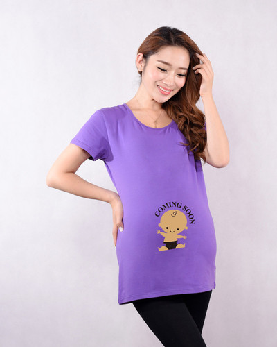 Tricou din bumbac cu maneci scurte si aplicatie pentru gravide in patru culori