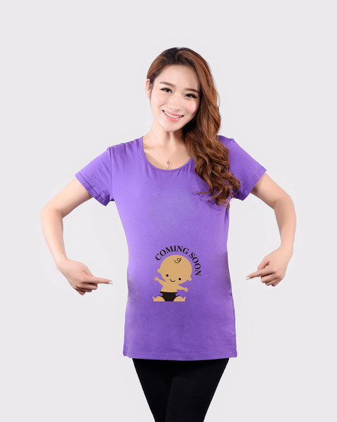 Tricou din bumbac cu maneci scurte si aplicatie pentru gravide in patru culori