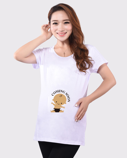 Tricou din bumbac cu maneci scurte si aplicatie pentru gravide in patru culori