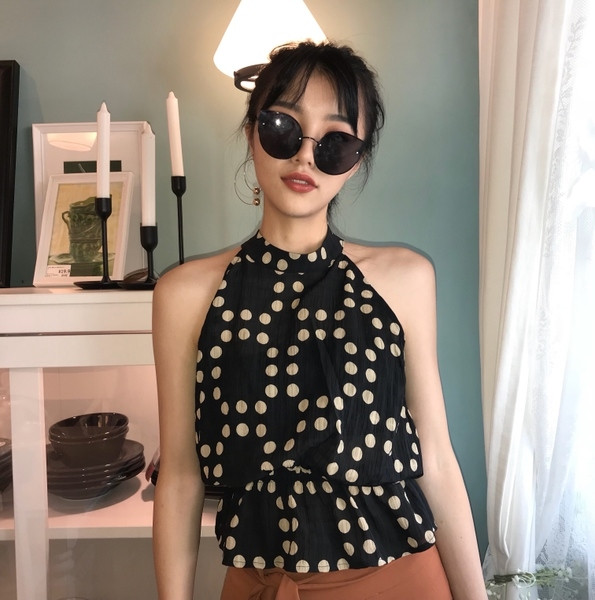 Top de damă elegant cu cravate în negru cu puncte