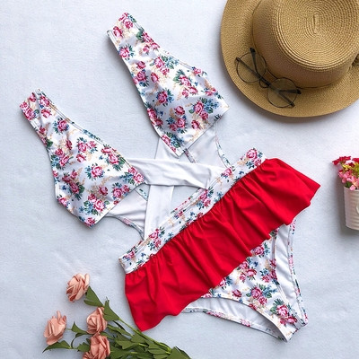 NOU costum de baie intreg cu motive florale in doua culori