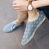 Mocasini barbatesti din denim cu motive rupte in doua culori