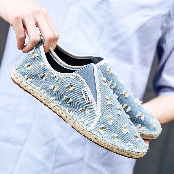 Mocasini barbatesti din denim cu motive rupte in doua culori