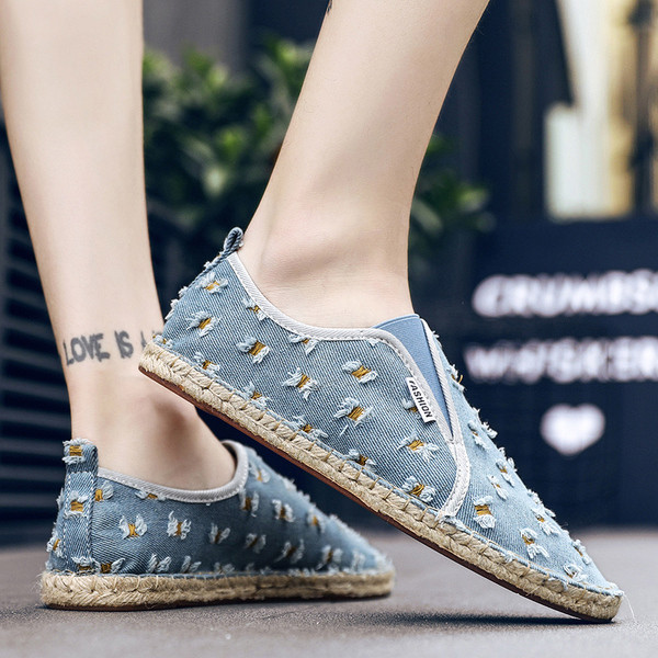 Mocasini barbatesti din denim cu motive rupte in doua culori