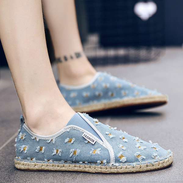 Mocasini barbatesti din denim cu motive rupte in doua culori