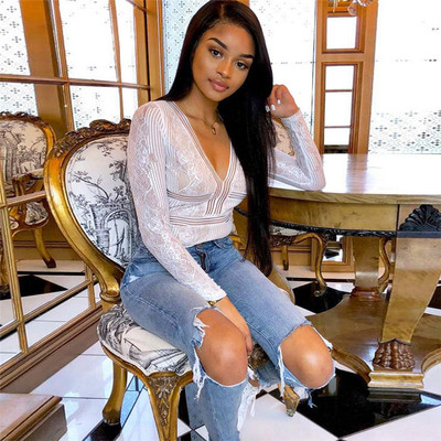 Body de damă din dantelă cu mâneci lungi în alb-negru, cu decolteu în V adânc