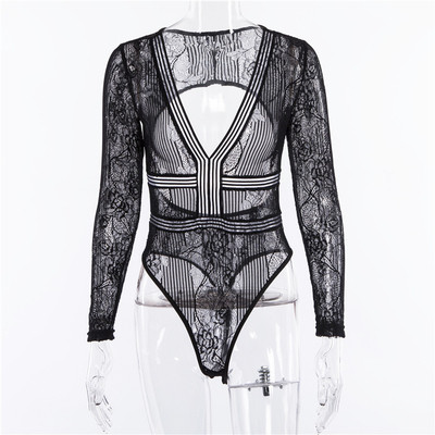 Body de damă din dantelă cu mâneci lungi în alb-negru, cu decolteu în V adânc