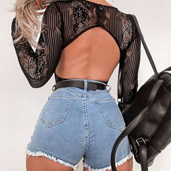 Body de damă din dantelă cu mâneci lungi în alb-negru, cu decolteu în V adânc