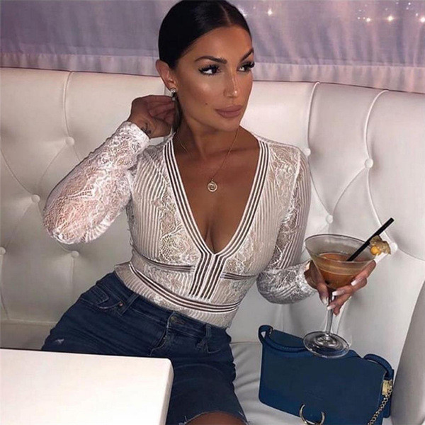 Body de damă din dantelă cu mâneci lungi în alb-negru, cu decolteu în V adânc