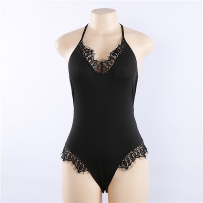 Body de dama cu bretele subtiri din negru si element din dantela