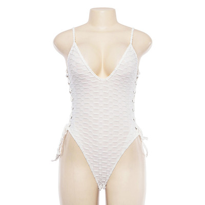 Costum de baie de damă alb cu legături laterale și decolteu adânc