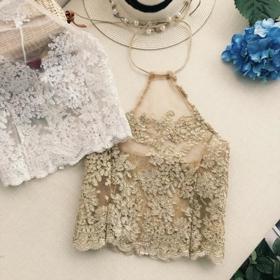 Top de dama din dantela cu spatele gol si elemente transparente in trei culori