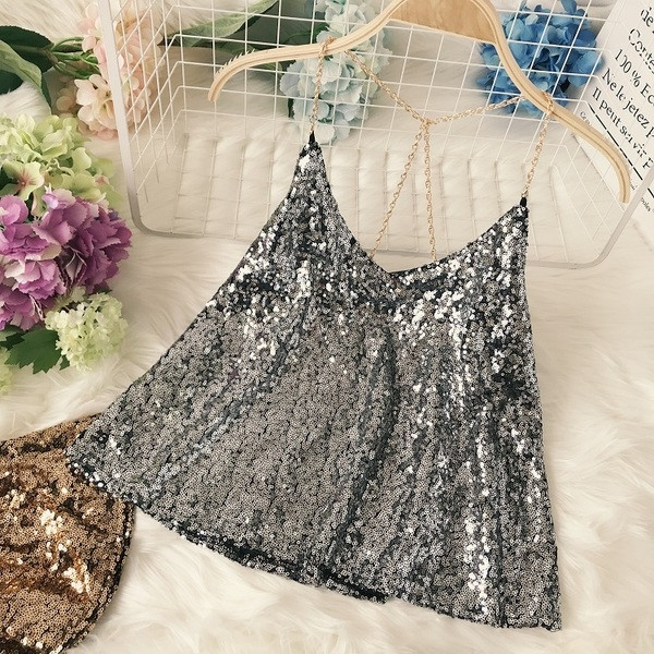 Maieu modern de dama cu bretele subtiri si paiete in trei culori