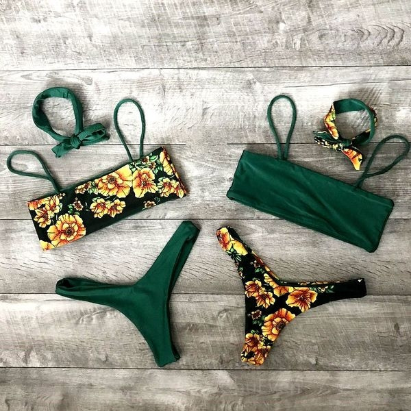 Costum de baie de dama proaspat de culoare verde cu decor floral