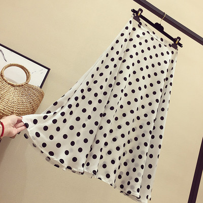 Fusta de dama din sifon cu talie inalta si captuseala cu buline in doua culori