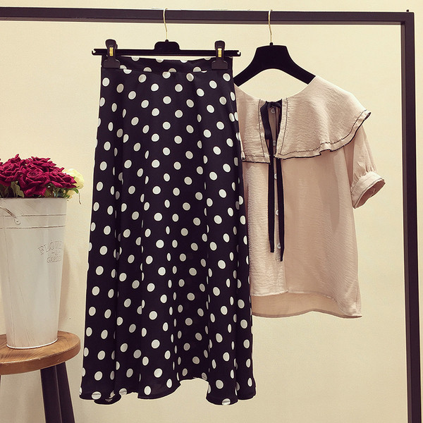 Fusta de dama din sifon cu talie inalta si captuseala cu buline in doua culori