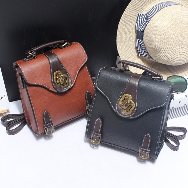 Малка дамска раница от еко кожа в черен, кафяв и зелен цвят