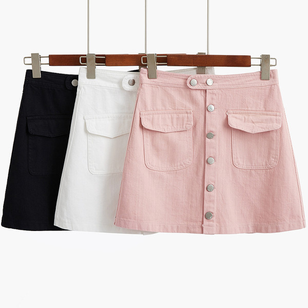 НОВА Лятна дънкова пола с висока талия с джобове в предната част в три цвята 