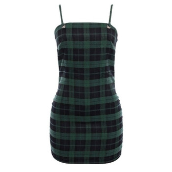 Карирана дамска рокля с тънки презрамки и връзка на гърба 