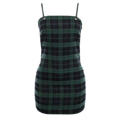 Карирана дамска рокля с тънки презрамки и връзка на гърба 