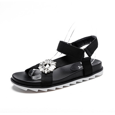 Удобни черни дамски сандали с лепенки с декорация камъни