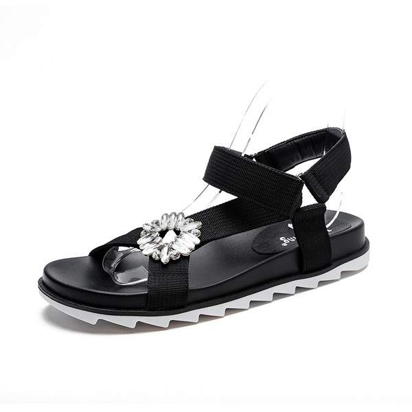 Удобни черни дамски сандали с лепенки с декорация камъни