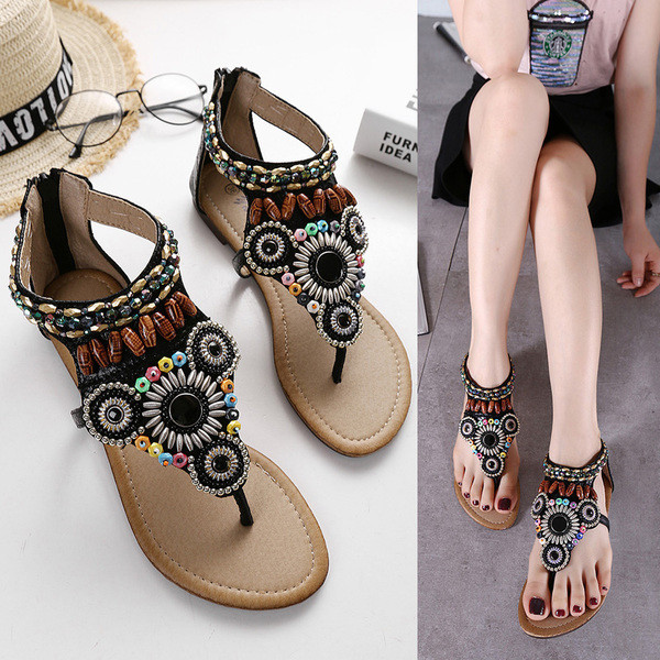 Sandale casual dama plate cu decor de margele in doua culori