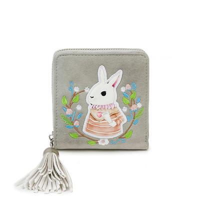 Дамски малък портфейл с бродерия и пискюл в няколко цвята