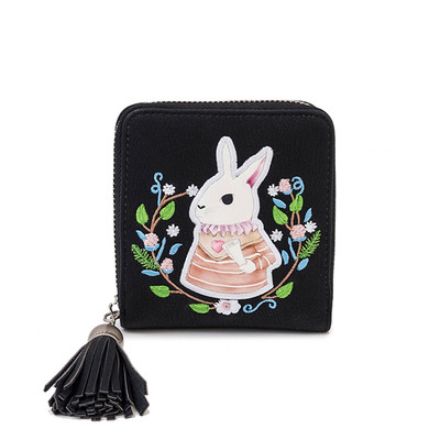 Дамски малък портфейл с бродерия и пискюл в няколко цвята