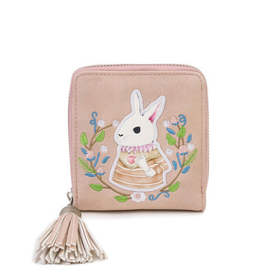 Дамски малък портфейл с бродерия и пискюл в няколко цвята