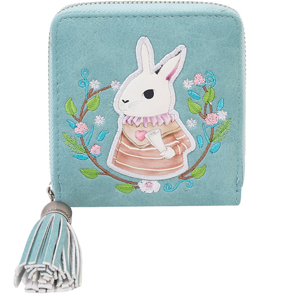 Дамски малък портфейл с бродерия и пискюл в няколко цвята