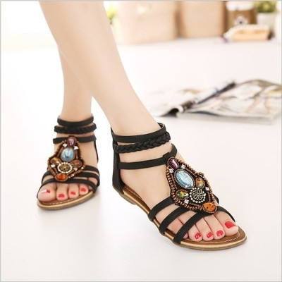 Равни дамски сандали с декорация камъни в два цвята