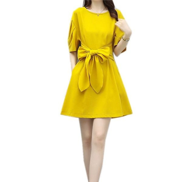 Rochie de dama proaspata de primavara cu maneci 3/4 si panglica galbena