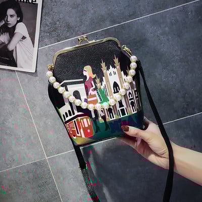 Geanta casual dama cu perle decorative si imprimeu color