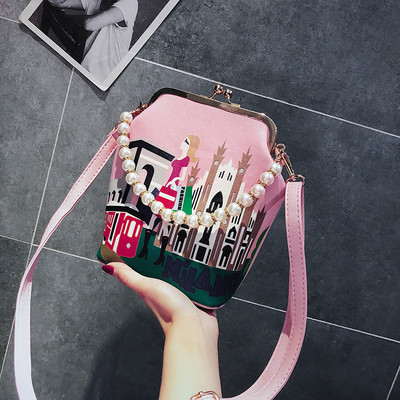 Geanta casual dama cu perle decorative si imprimeu color