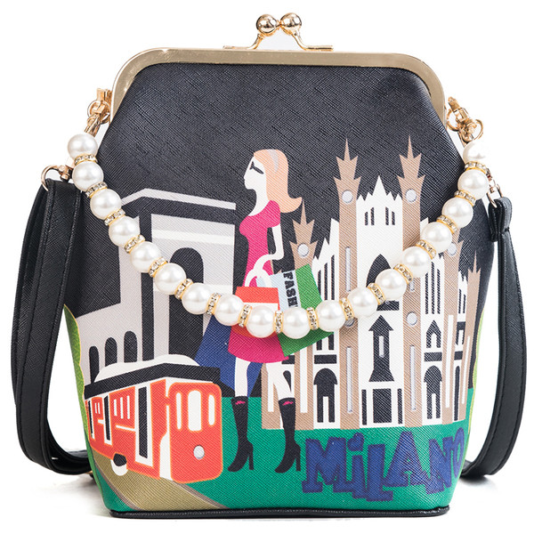 Geanta casual dama cu perle decorative si imprimeu color