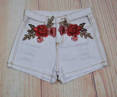 Blugi scurti de dama cu talie inalta si broderii in 2 culori