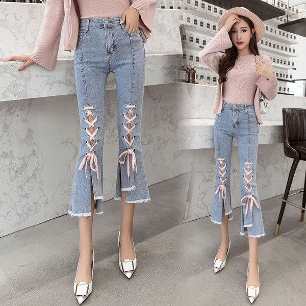 Blugi de dama moderni cu lungime 7/8 si sireturi