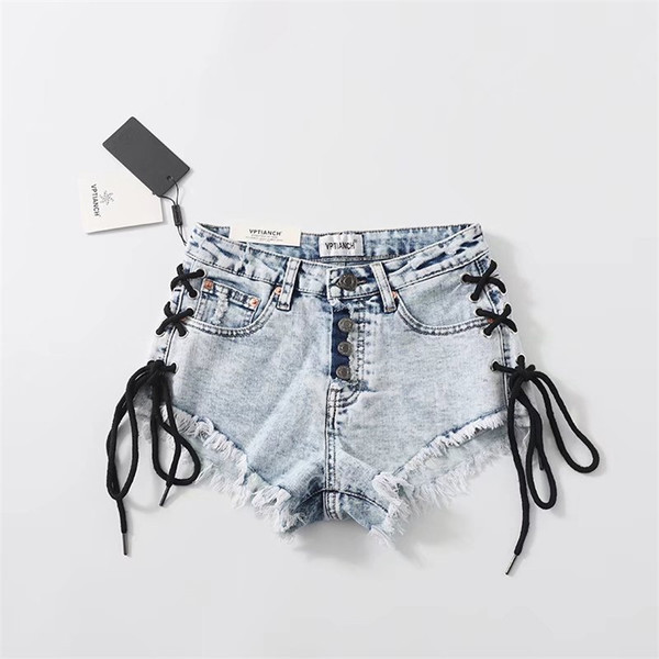 Модерни дамски къси дънки с връзки и висока талия