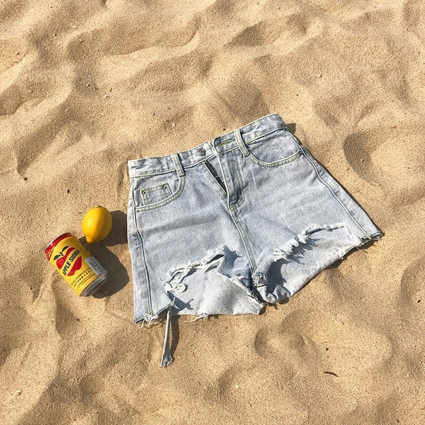 Blugi casual de damă scurti rupti, cu talie înaltă